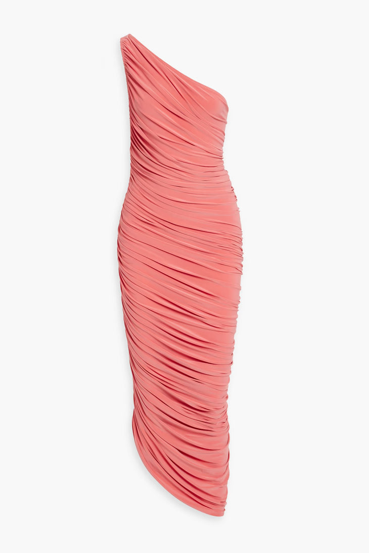 Woman wearing a coral one-shoulder ruched midi dress with metallic heels and clutch — Norma Kamali | Endless UAE