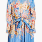 Belted floral-print linen mini dress in blue with long sleeves and bow detail — Zimmerman | Endless UAE