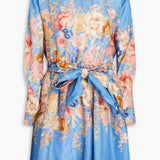 Belted floral-print linen mini dress in blue with long sleeves and bow detail — Zimmerman | Endless UAE