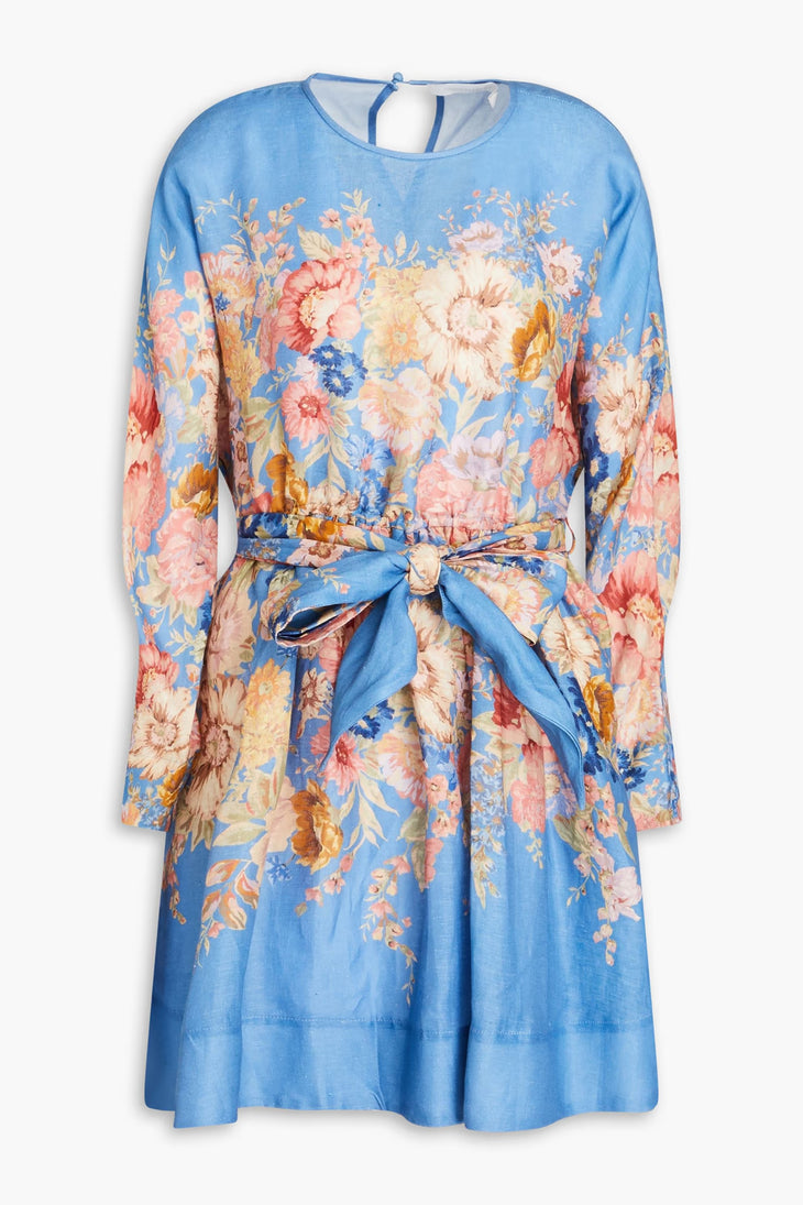 Belted floral-print linen mini dress in blue with long sleeves and bow detail — Zimmerman | Endless UAE