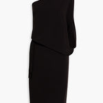 Black one-shoulder draped stretch-crepe dress with asymmetric neckline and midi length silhouette — Halston | Endless UAE