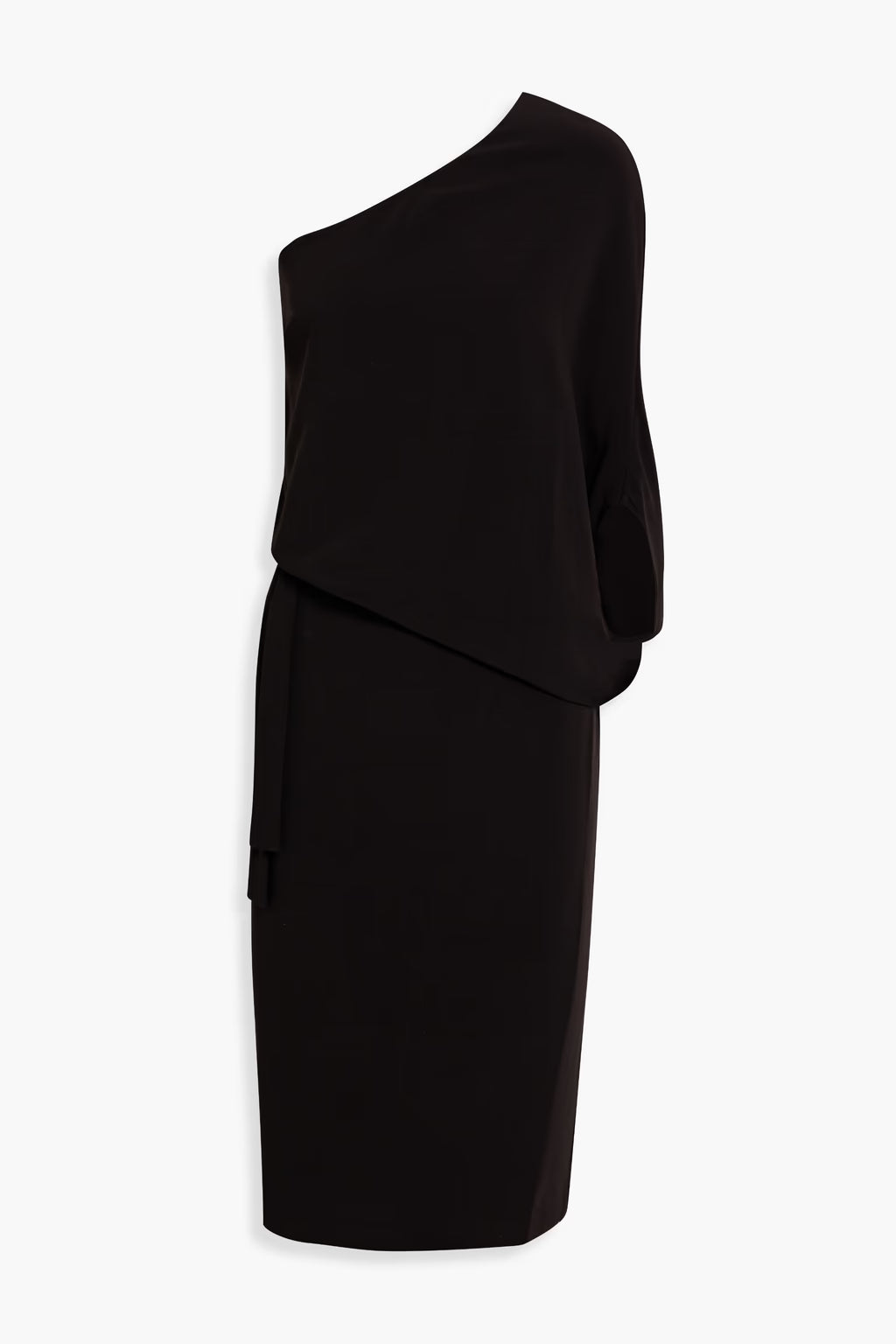 Black one-shoulder draped stretch-crepe dress with asymmetric neckline and midi length silhouette — Halston | Endless UAE