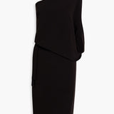 Black one-shoulder draped stretch-crepe dress with asymmetric neckline and midi length silhouette — Halston | Endless UAE