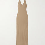 Beige ribbed jersey halterneck maxi dress with fitted silhouette and floor-length hem — Eterne | Endless UAE