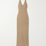 Beige ribbed jersey halterneck maxi dress with fitted silhouette and floor-length hem — Eterne | Endless UAE