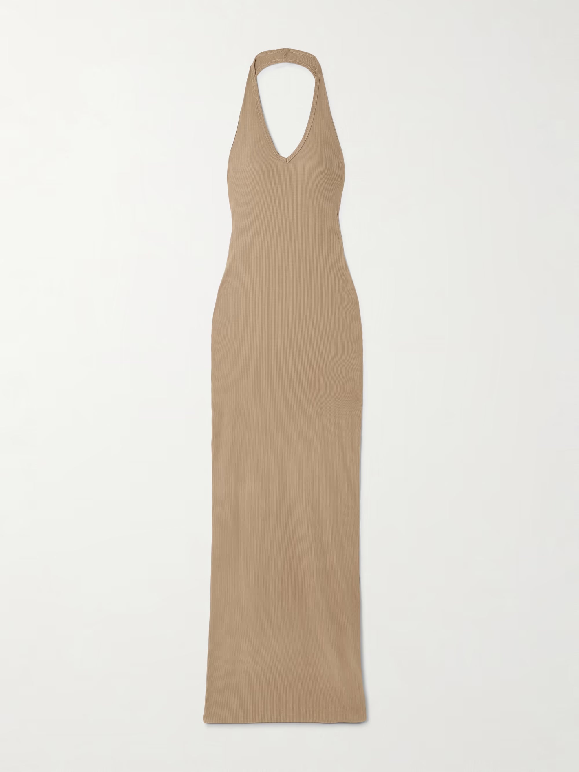 Beige ribbed jersey halterneck maxi dress with fitted silhouette and floor-length hem — Eterne | Endless UAE