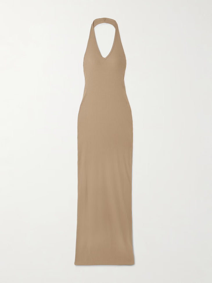 Beige ribbed jersey halterneck maxi dress with fitted silhouette and floor-length hem — Eterne | Endless UAE