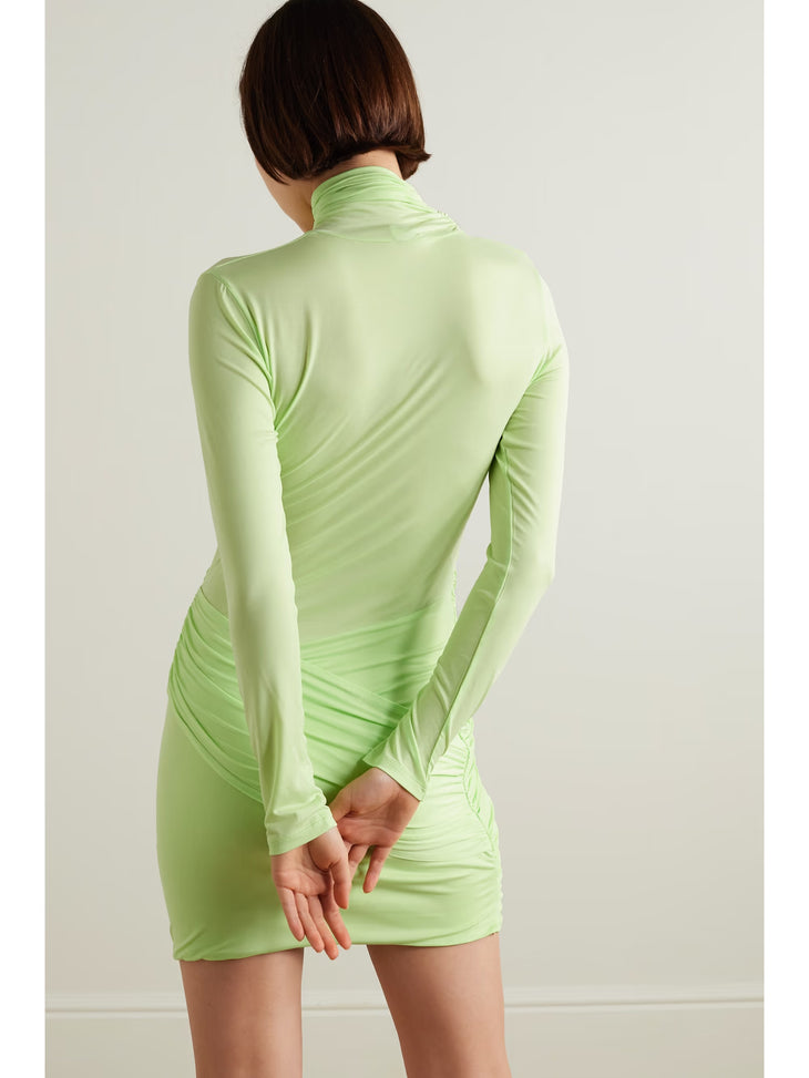 Lime green stretch jersey turtleneck mini dress with long sleeves and ruched detailing, shown from back — Gauge81 | Endless UAE