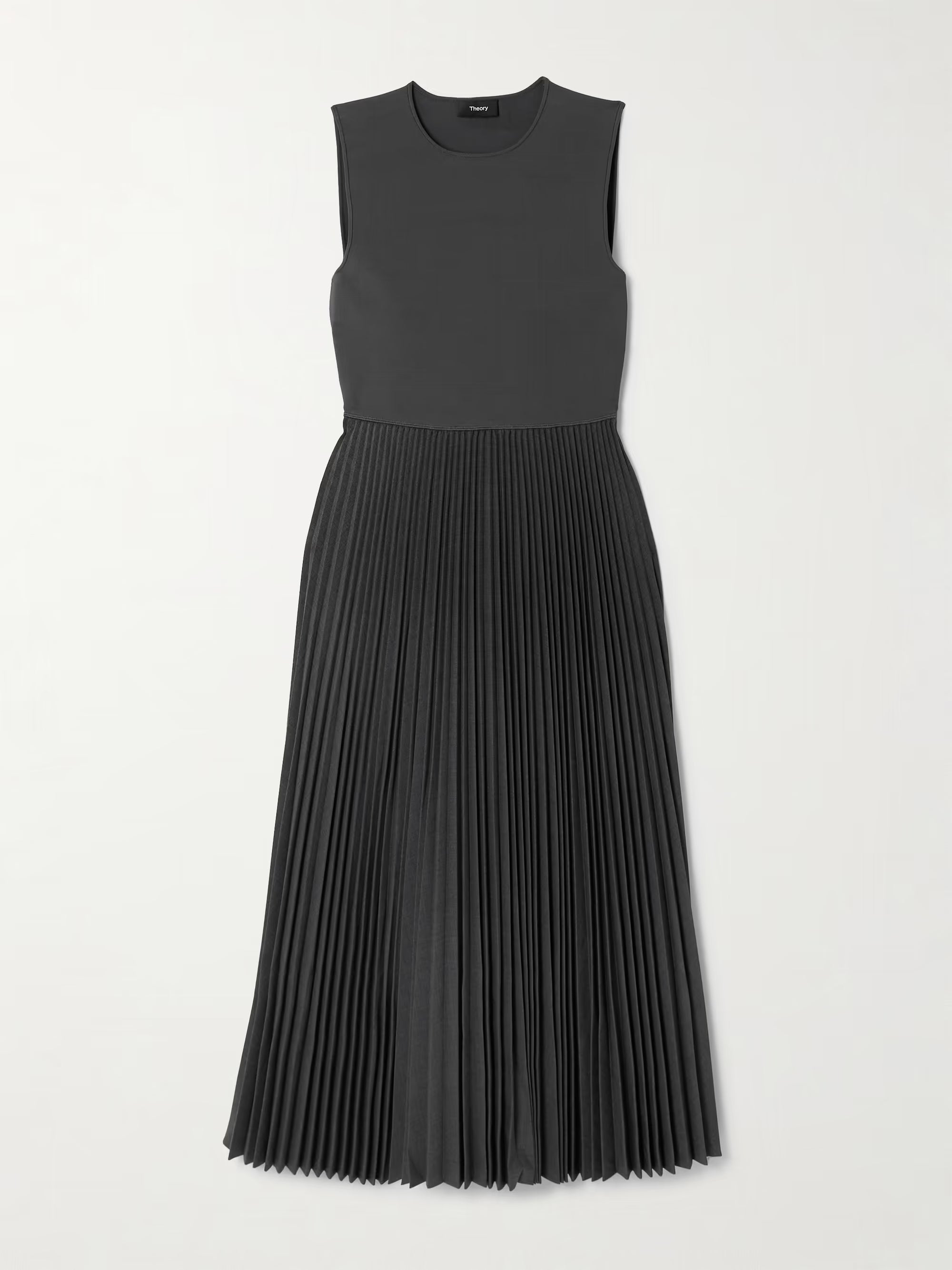 Charcoal grey sleeveless midi dress with fitted bodice and pleated satin-crepe skirt — Theory | Endless UAE