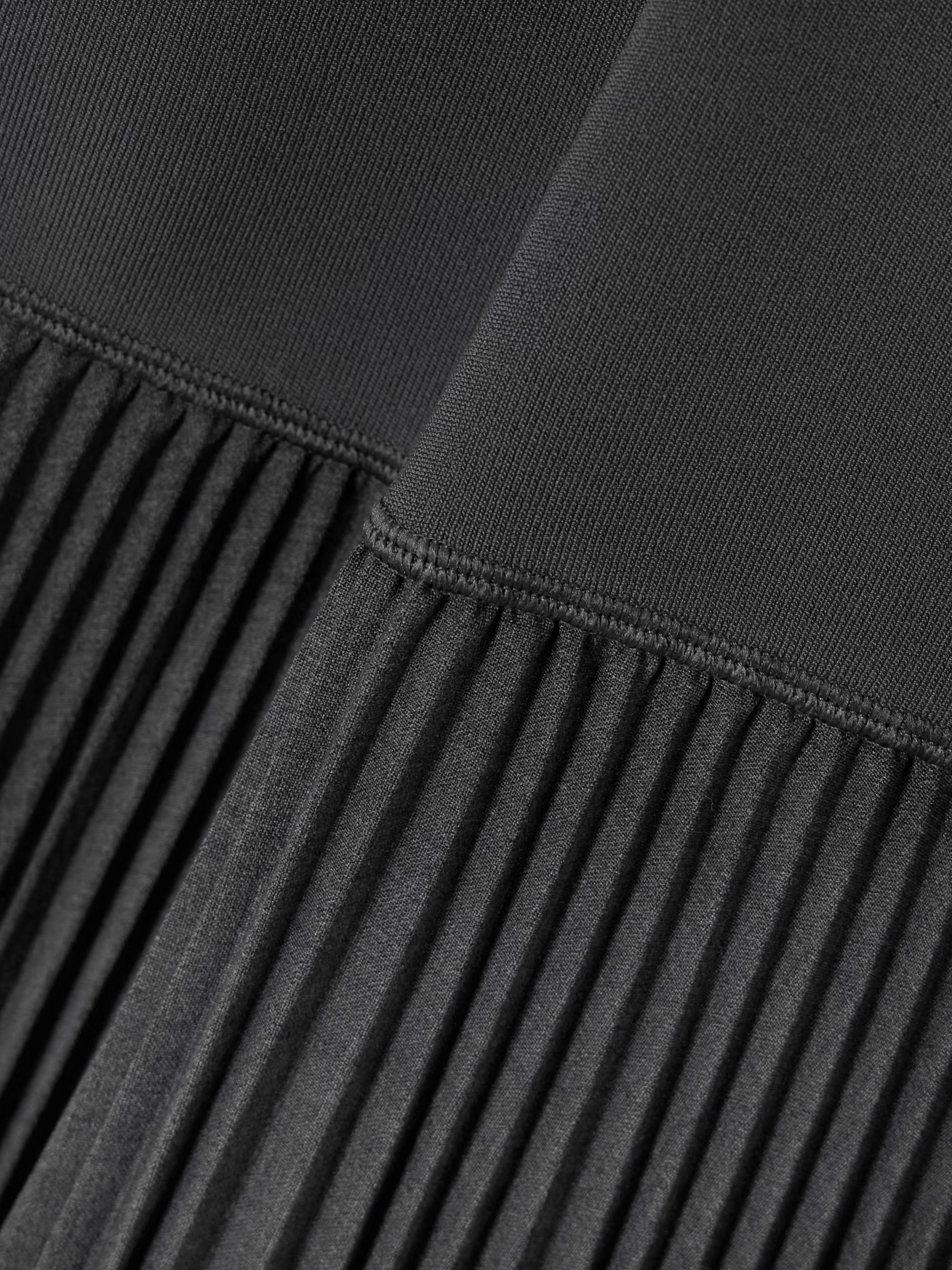 Black pleated stretch-knit and satin-crepe midi dress with gathered detailing and contrasting fabric panels — Theory | Endless UAE
