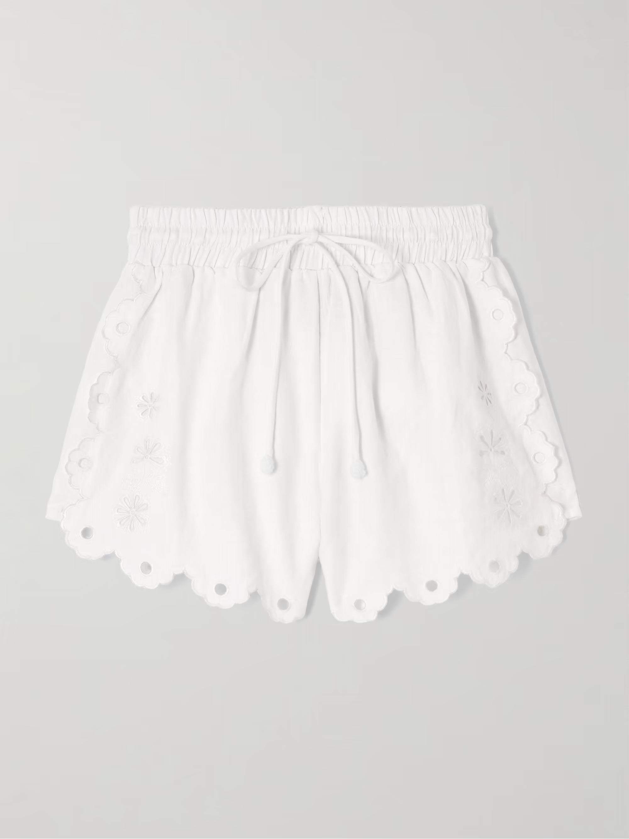 Offwhite Flowers Richelieu Shorts with scalloped edges and cutout details — FARM Rio | Endless UAE