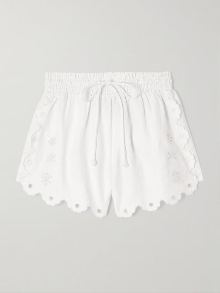 Offwhite Flowers Richelieu Shorts with scalloped edges and cutout details — FARM Rio | Endless UAE