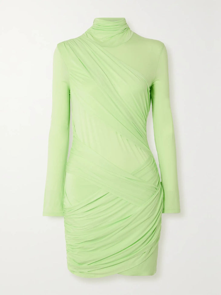 Lime green stretch jersey mini dress with turtleneck and diagonal ruched detailing — Gauge81 | Endless UAE