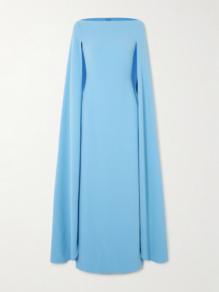 Light blue cape-sleeve maxi dress with boat neckline and floor-length silhouette — Solace London | Endless UAE