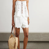 Offwhite Flowers Richelieu Shorts with scalloped edges and cutout details — FARM Rio | Endless UAE