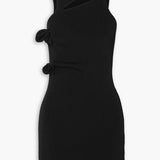 Black ribbed-jersey mini dress with asymmetric cutouts and rosette embellishments at shoulder and side — Coperni | Endless UAE