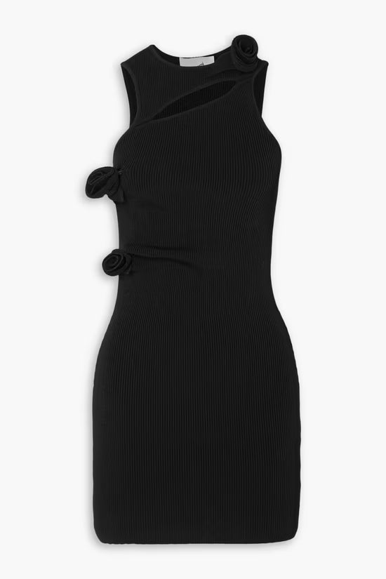 Black ribbed-jersey mini dress with asymmetric cutouts and rosette embellishments at shoulder and side — Coperni | Endless UAE
