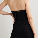 Black strapless mini dress with satin trim and popcorn texture — Leslie Amon | Endless UAE
