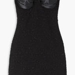 Black strapless mini dress with satin trim and popcorn texture — Leslie Amon | Endless UAE