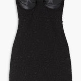 Black strapless mini dress with satin trim and popcorn texture — Leslie Amon | Endless UAE