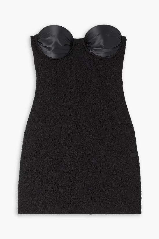 Black strapless mini dress with satin trim and popcorn texture — Leslie Amon | Endless UAE