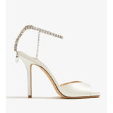 Saeda 100 cream satin sandal with crystal-embellished ankle strap — Jimmy Choo | Endless UAE