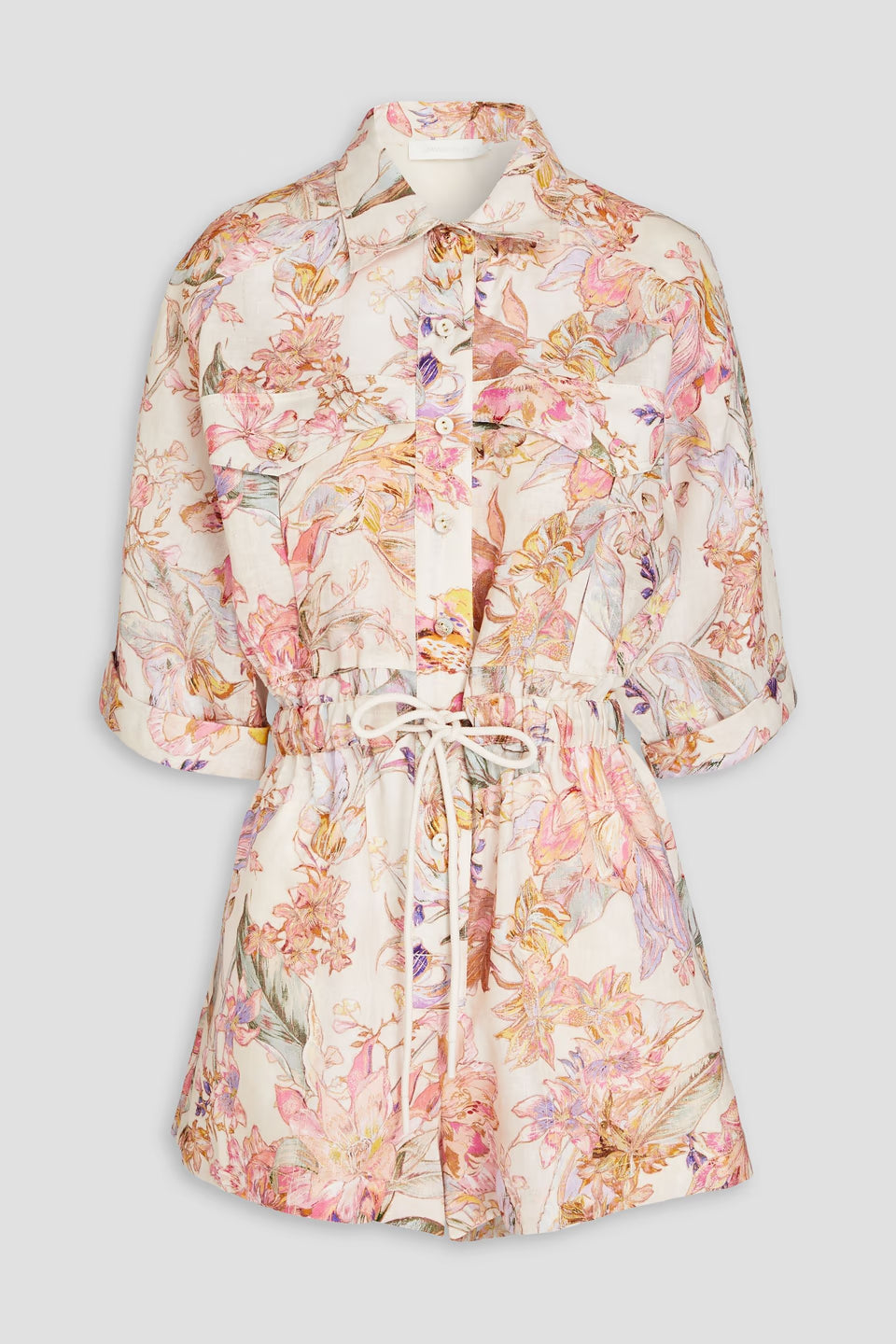 Cira Floral-print Linen Playsuit in blush featuring short sleeves and tie waist — Zimmermann | Endless UAE
