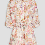 Cira Floral-print Linen Playsuit in blush featuring short sleeves and tie waist — Zimmermann | Endless UAE