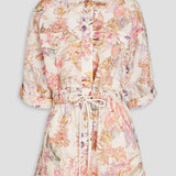 Cira Floral-print Linen Playsuit in blush featuring short sleeves and tie waist — Zimmermann | Endless UAE