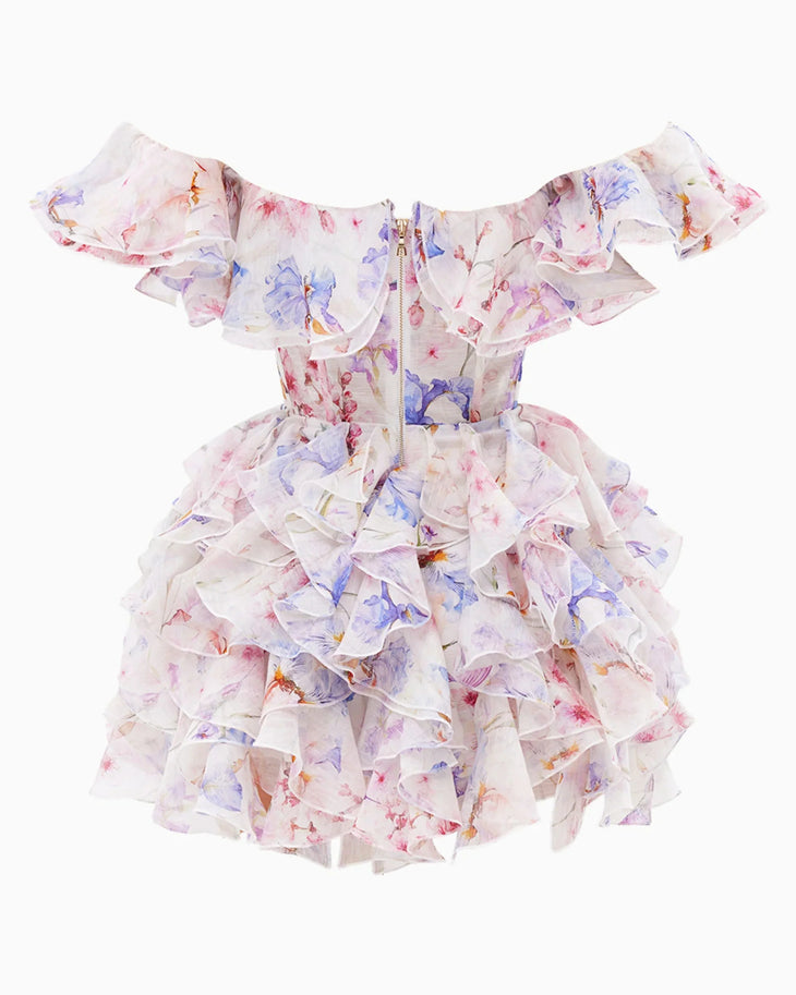Viola Dress in white floral print with off-shoulder ruffled design — Yvon | Endless UAE