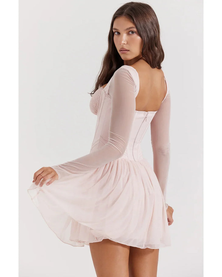 Soft peach corset mini dress with lace bodice and pleated skirt — House of CB | Endless UAE