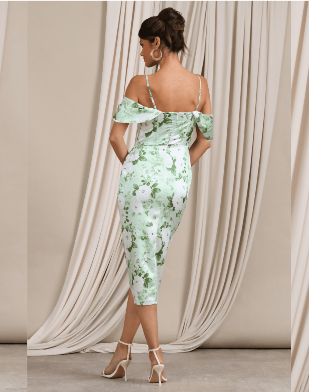White & Green Floral Print Satin Bardot Corset Wrap Midi Dress - Endless