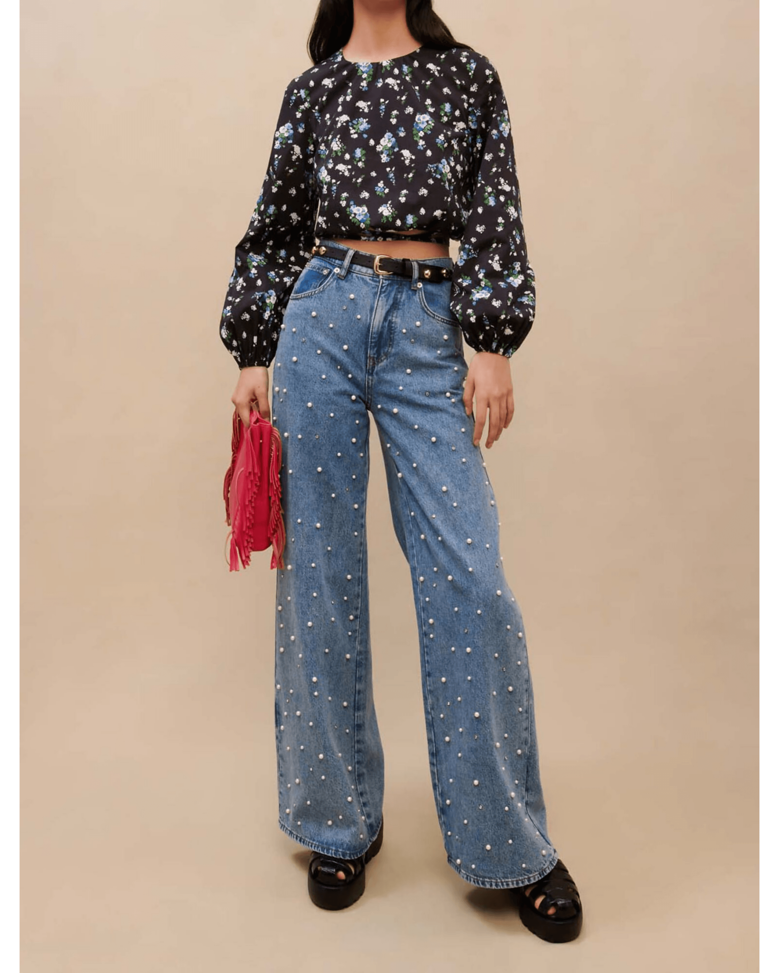 Wide-leg Jeans With Bead Embellishment - Endless - UAE Rental and Resale for Women's Fashion