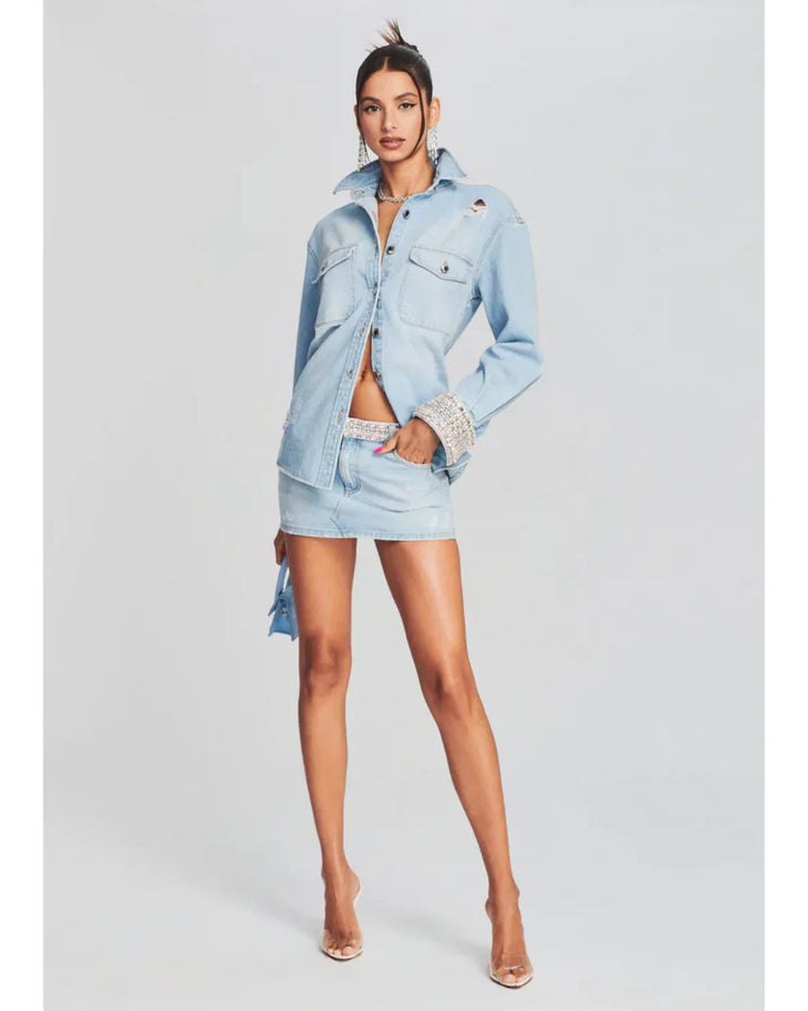 Light blue denim shirt dress with crystal-embellished cuffs and distressed details — Retrofete | Endless UAE