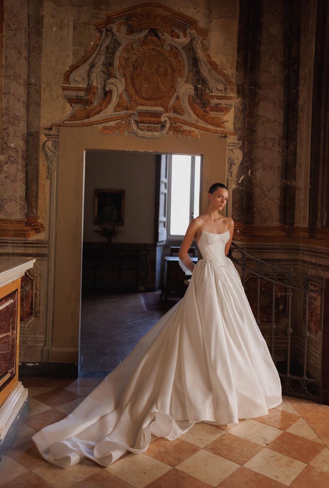 Piper A-Line Wedding Dress in ivory silk with strapless neckline and dramatic train — Wona Concept | Endless UAE