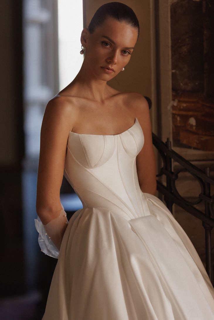 Piper A-Line Wedding Dress in ivory silk with strapless neckline and dramatic train — Wona Concept | Endless UAE