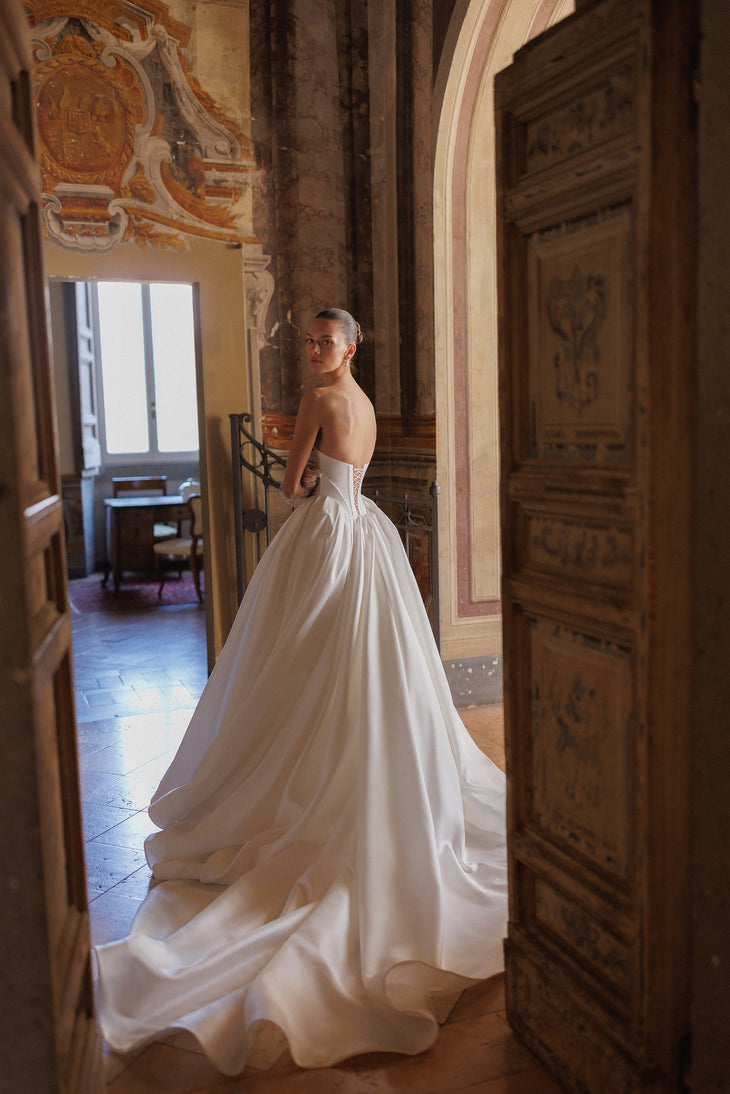 Piper A-Line Wedding Dress in ivory silk with strapless neckline and dramatic train — Wona Concept | Endless UAE