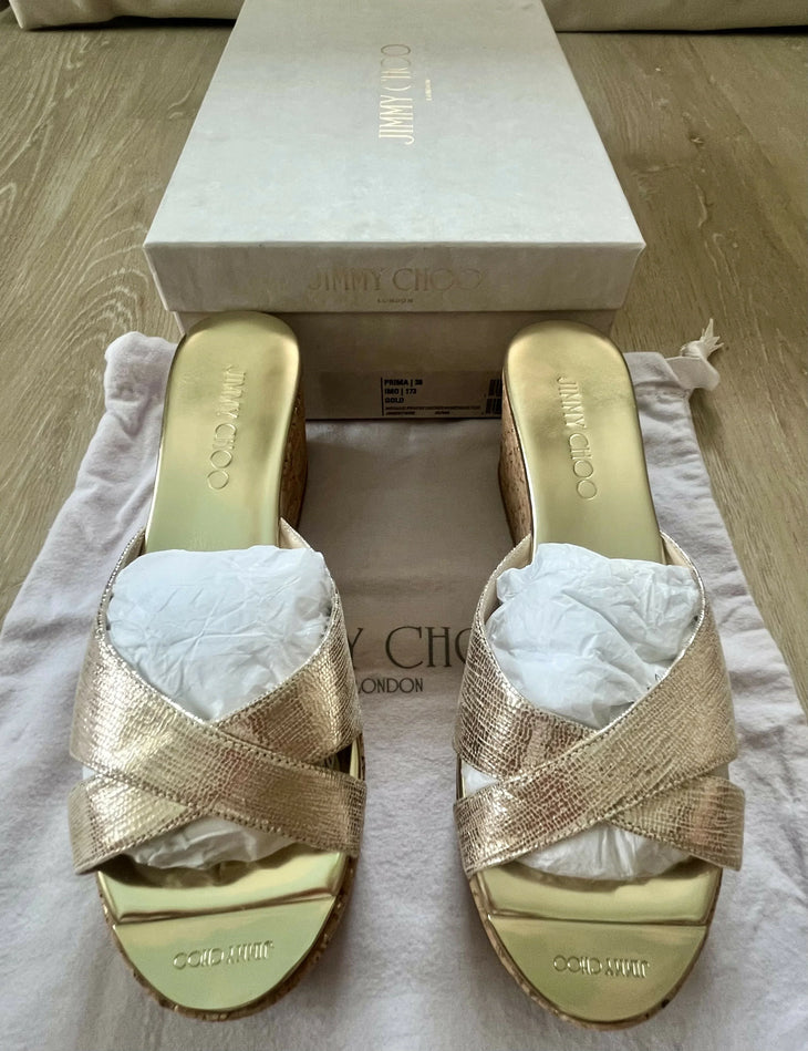 Gold textured leather platform slide sandal with cork wedge heel — Jimmy Choo | Endless UAE
