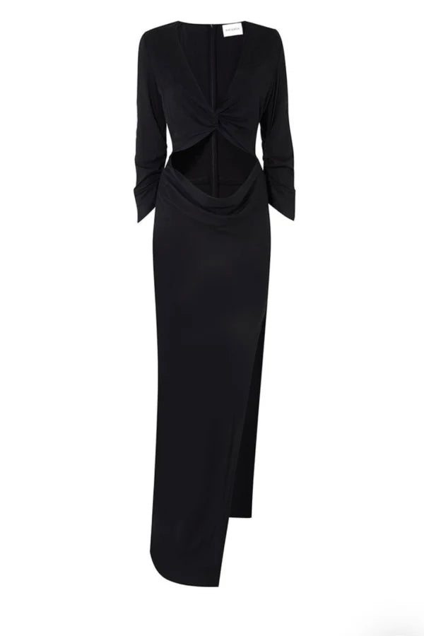 Black long sleeve maxi dress with twisted front cutout and asymmetric hem — Rat & Boa | Endless UAE