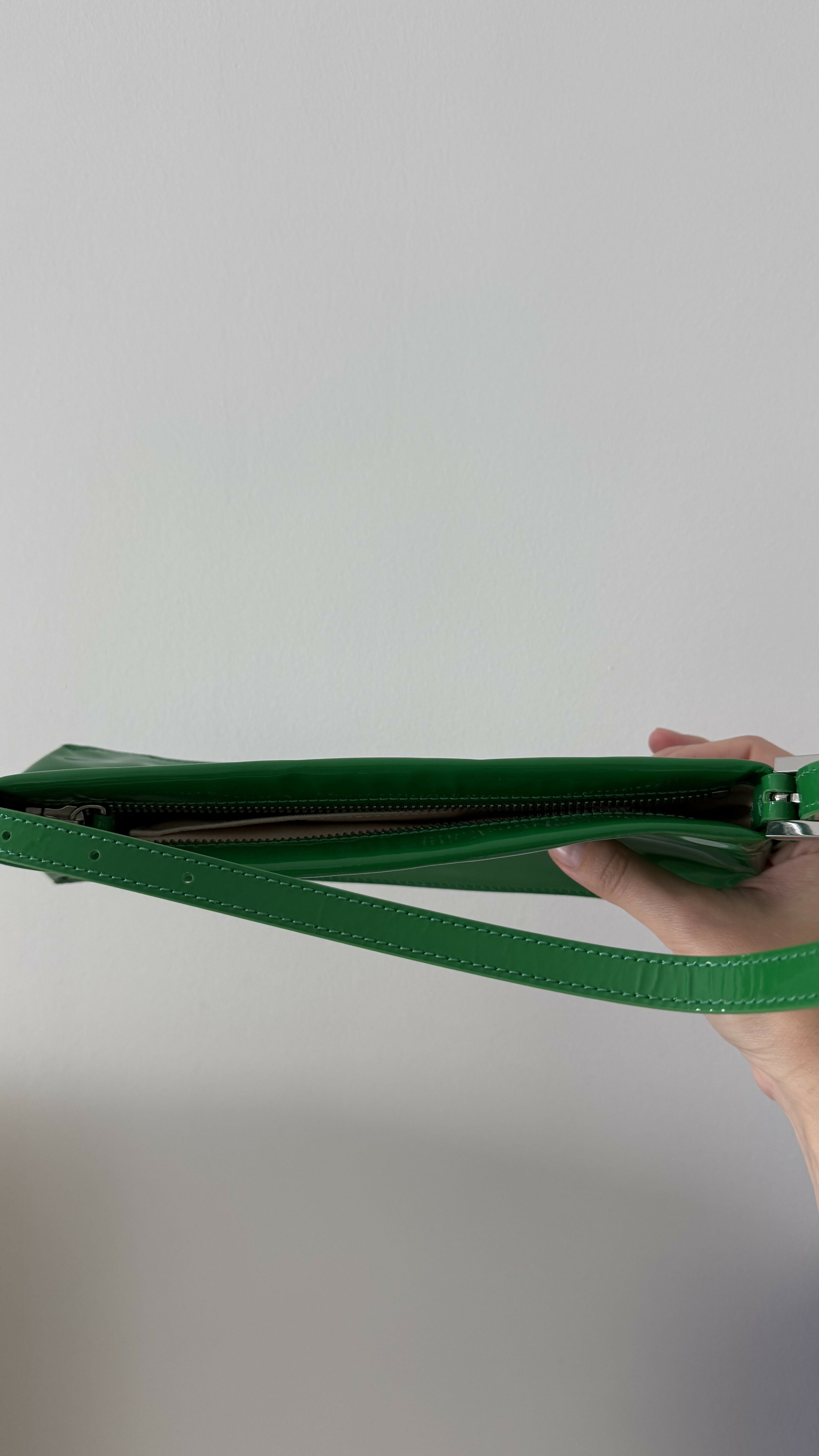 Dulce Patent Leather Shoulder Bag in vibrant green, held up against neutral background — By Far | Endless UAE