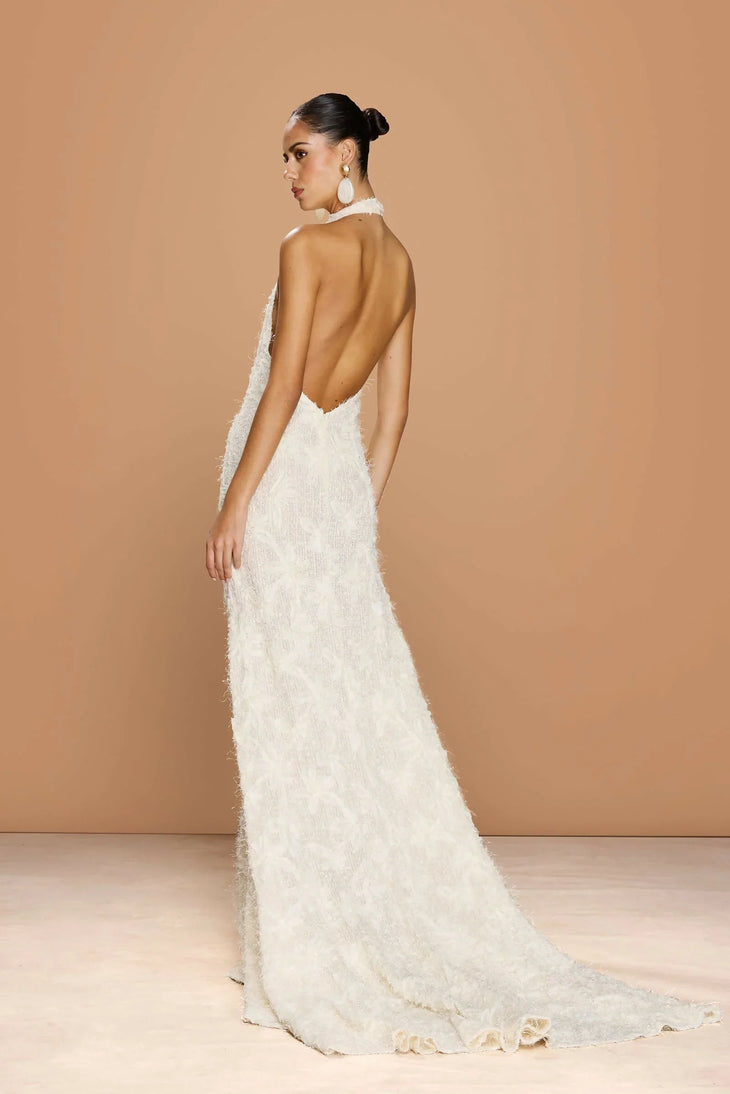Noorah Gown white halter neck beaded wedding dress with high-low hem — Sonya Moda | Endless UAE