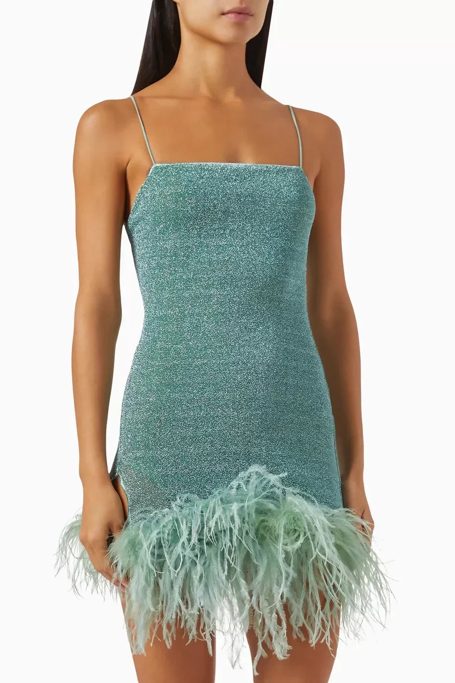 Lumière Plumage feather-trimmed mini dress in shimmering lurex-blend sage green — Oseree | Endless UAE