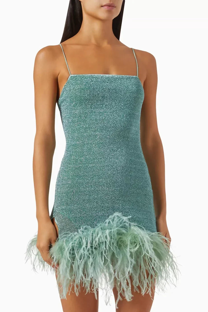 Lumière Plumage feather-trimmed mini dress in shimmering lurex-blend sage green — Oseree | Endless UAE