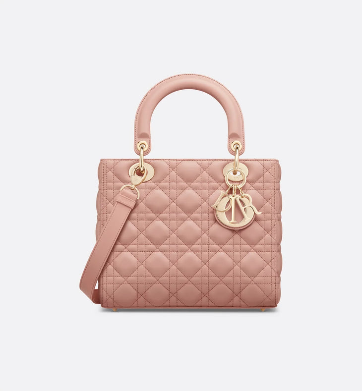 Small quilted pink leather Lady Dior bag with gold hardware and shoulder strap — Christian Dior | Endless UAE