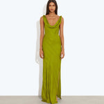 Lime green velvet maxi dress with cowl neckline and shoulder ties, floor-length silhouette with side slit — Rat and Boa | Endless UAE
