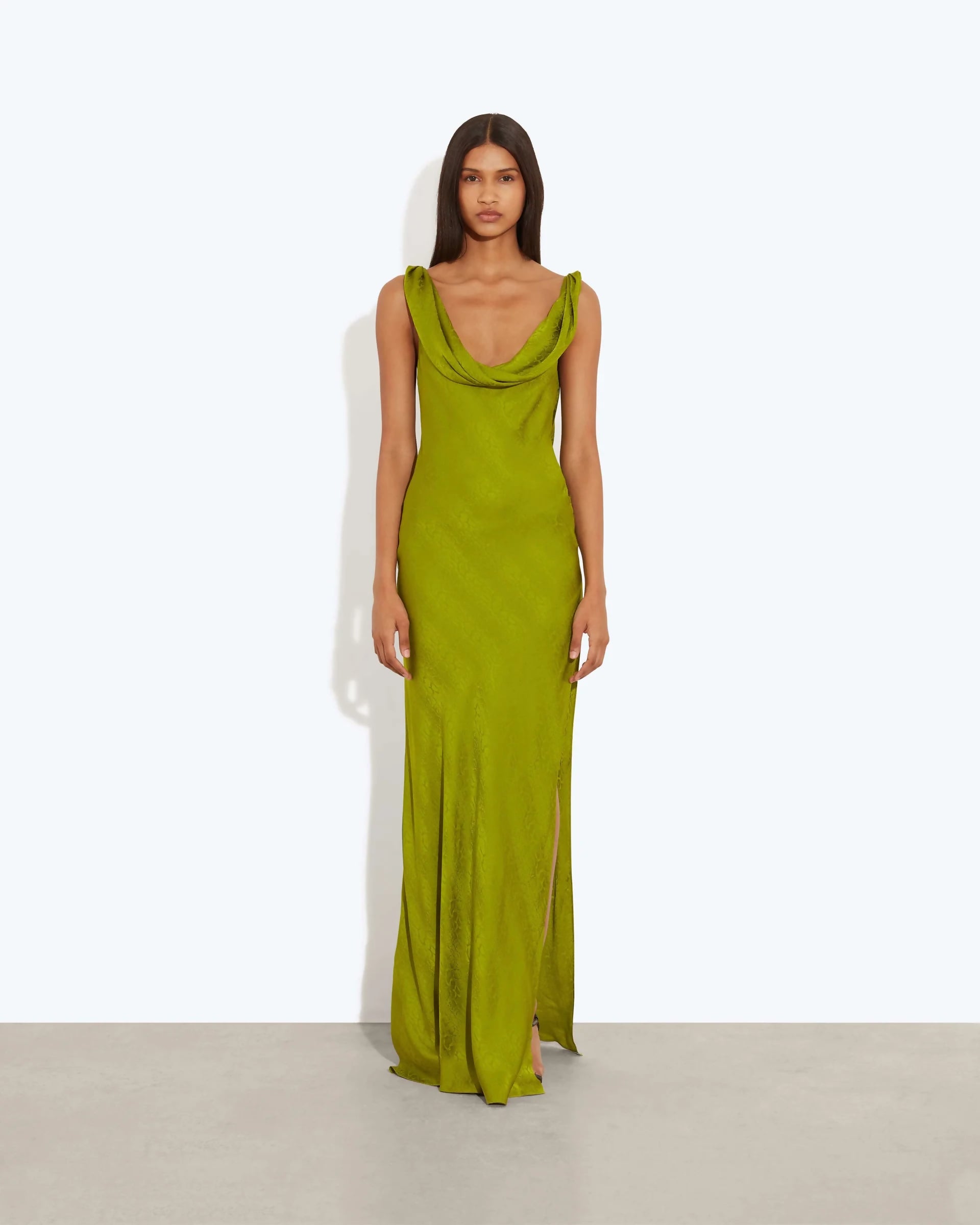 Lime green velvet maxi dress with cowl neckline and shoulder ties, floor-length silhouette with side slit — Rat and Boa | Endless UAE