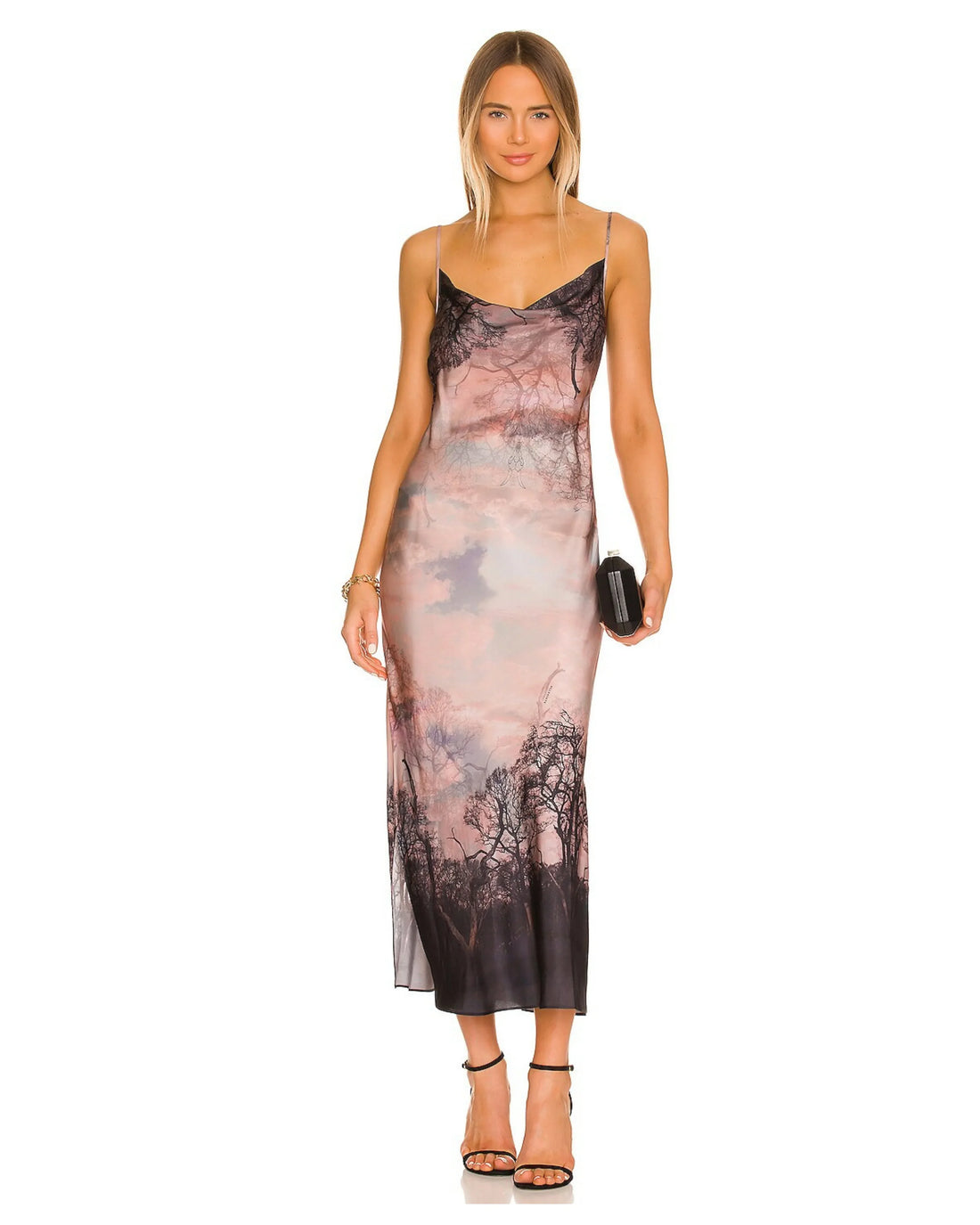 Hadley Sumire Dress in pink and black watercolor print with lace trim, spaghetti straps, midi length — AllSaints | Endless UAE