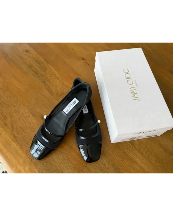 Black mesh ballet flats with patent leather toe cap and pearl-embellished strap detail — Jimmy Choo | Endless UAE