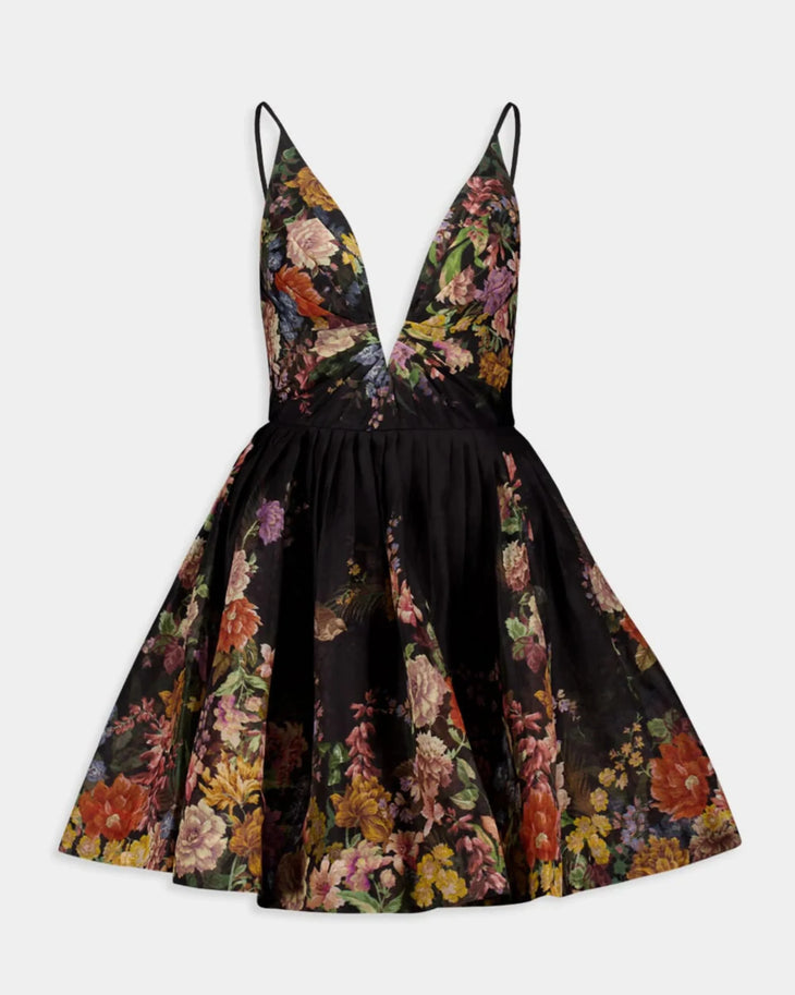 Black floral mini dress with V-neckline and full skirt — Zimmermann | Endless UAE