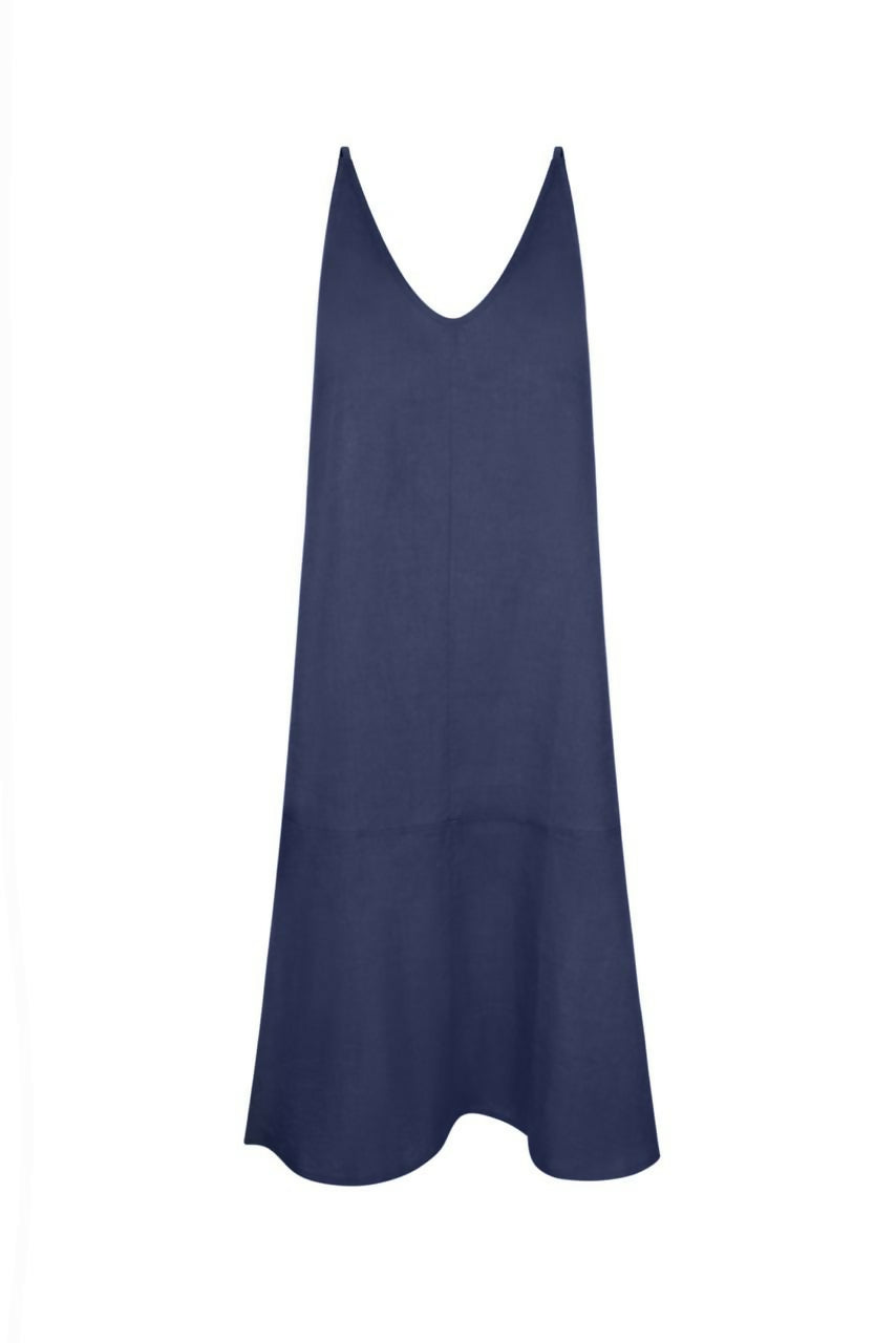 Navy linen slip dress with V-neckline and relaxed A-line silhouette on white background — AG Studio | Endless UAE